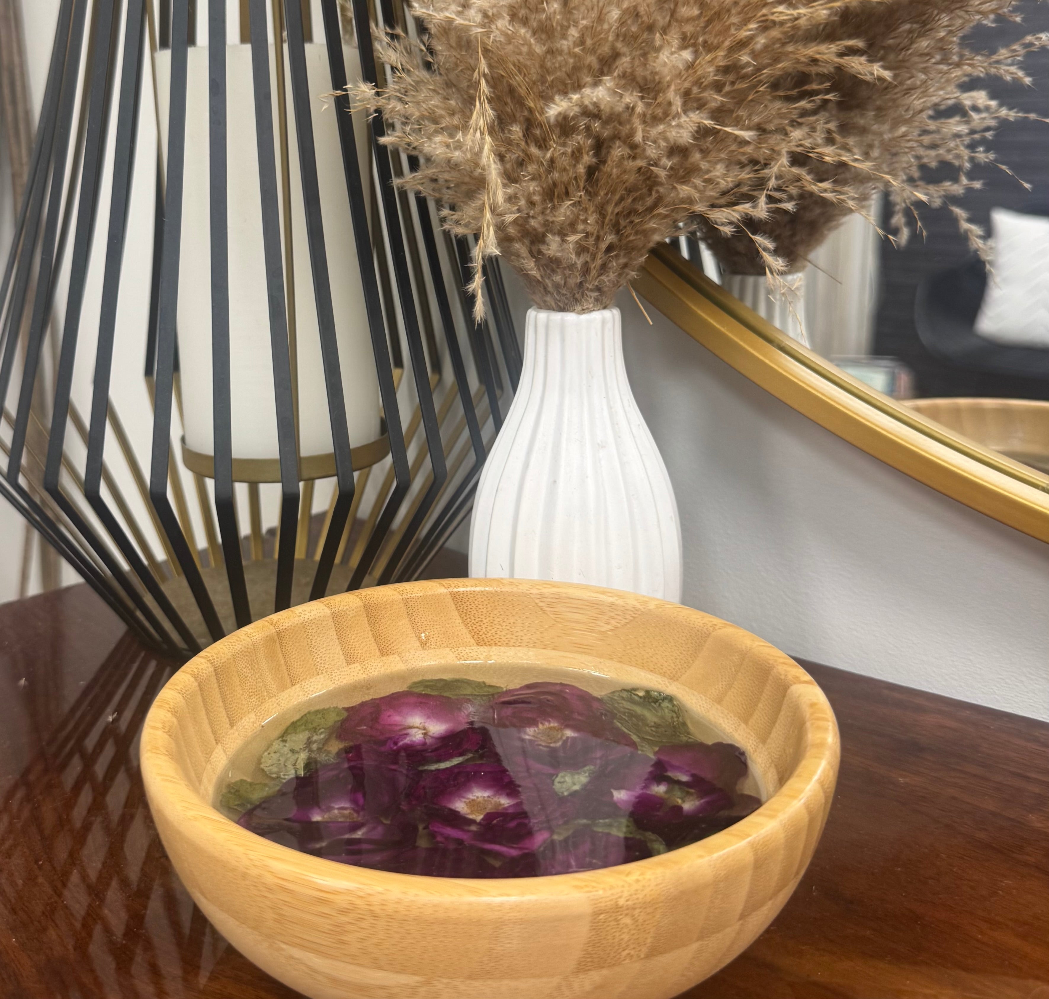 Preserved burgundy rose resin bamboo trinket dish, small jewelry catchall handmade with real dried flowers