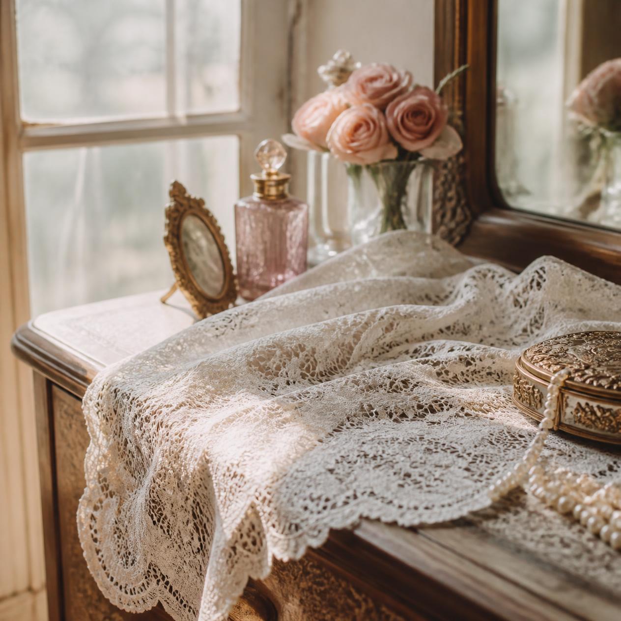 An oval mango wood tray filled with preserved pink roses displayed on a lace-draped vintage vanity table.
