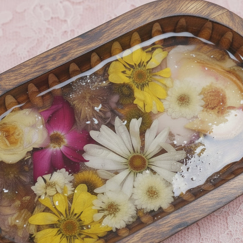 An oval wooden tray filled with a clear resin or gel containing dried flowers, including yellow, white, and pink blossoms, resting on a light beige surface against a pale gray background.