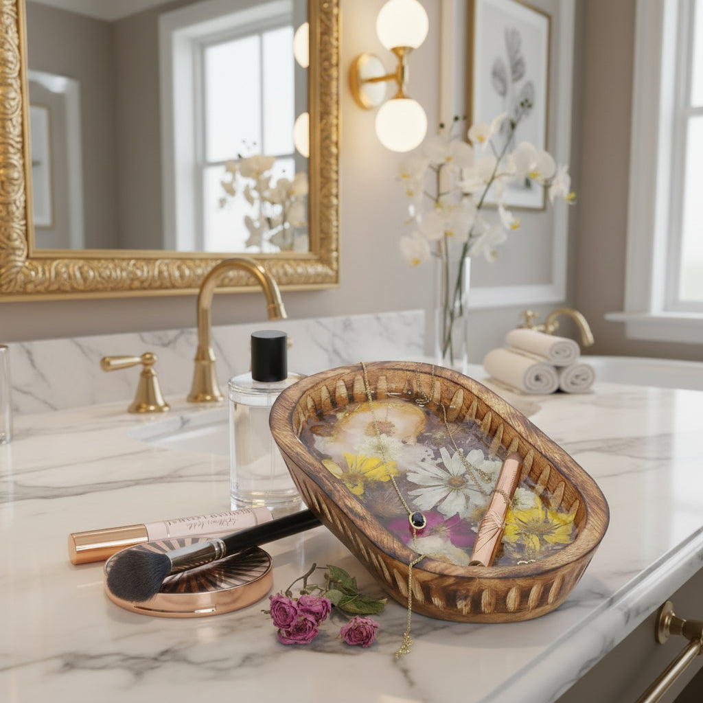 An oval wooden tray filled with a single rose and wildflowers preserved in clear resin, photographed from above.