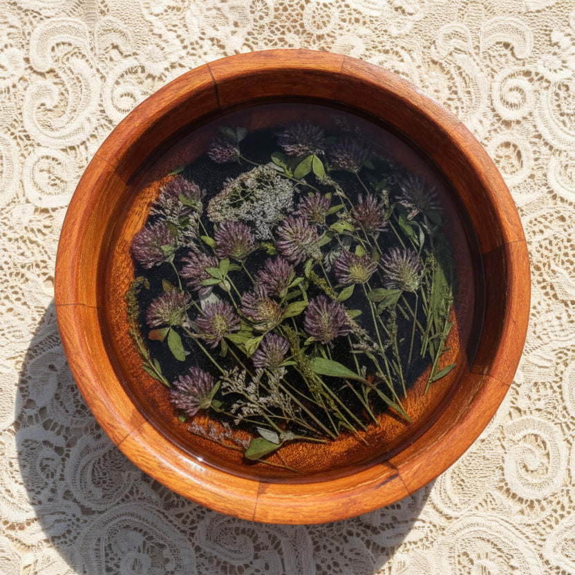 A round wooden bowl with clear resin and a black bottom and dried botanicals, including purple clover flowers and green leaves, photographed from above on a light neutral surface.