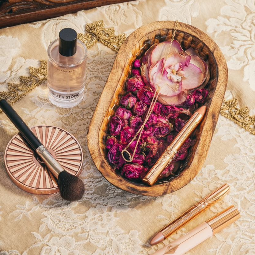 A styled flat-lay of spa and beauty items on a cream lace textile, including a wooden bowl with dried pink petals and a rose, a small bottle, a round compact with a brush, and two gold-toned lip products.