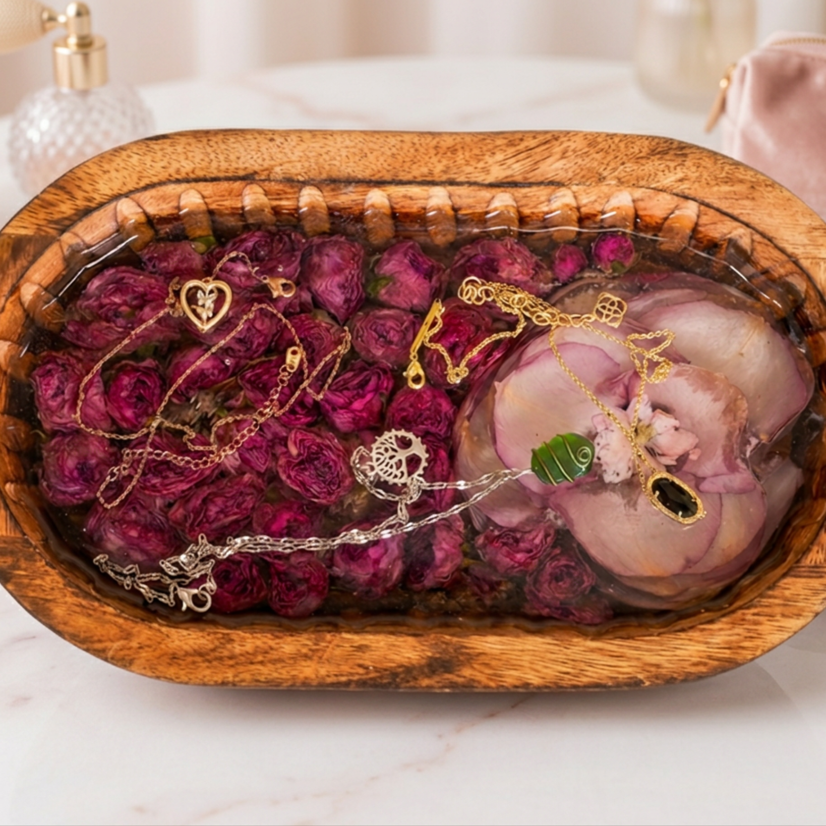 A wooden oval tray filled with preserved deep pink and purple roses, clear liquid, and several gold and silver jewelry pieces, displayed on a light marble surface.
