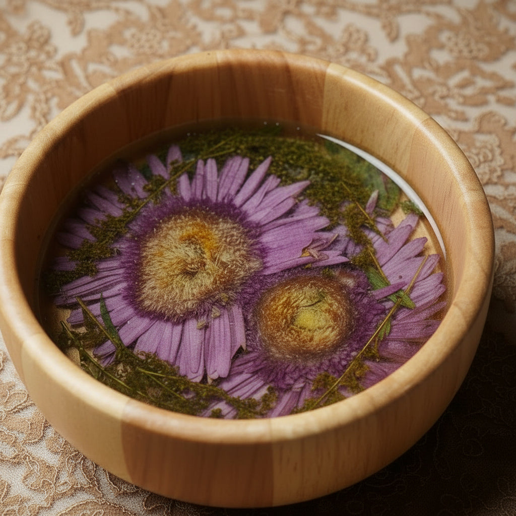 A round wooden bowl with clear resin and dried purple flowers and green leaves, set against a light blue-gray background.