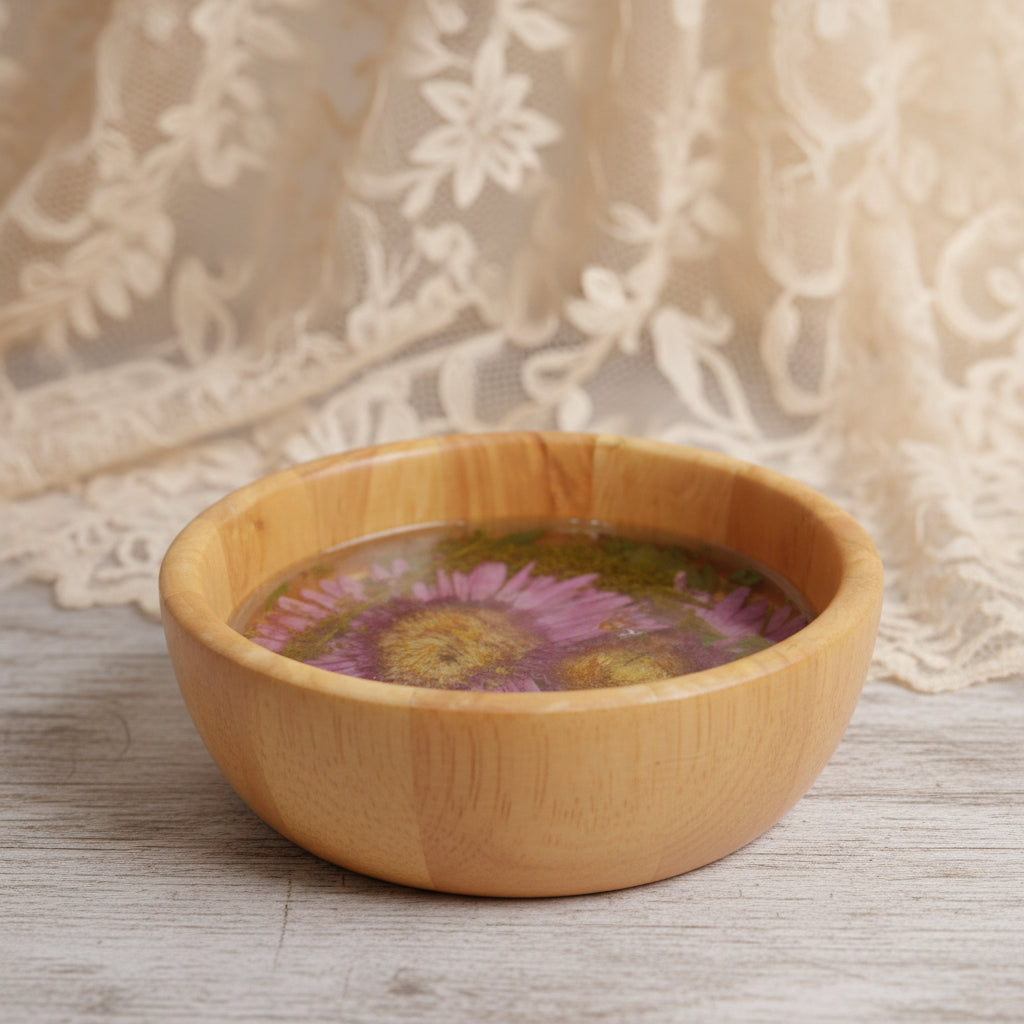A round wooden bowl with clear resin and dried purple flowers and green leaves, set against a light blue-gray background.