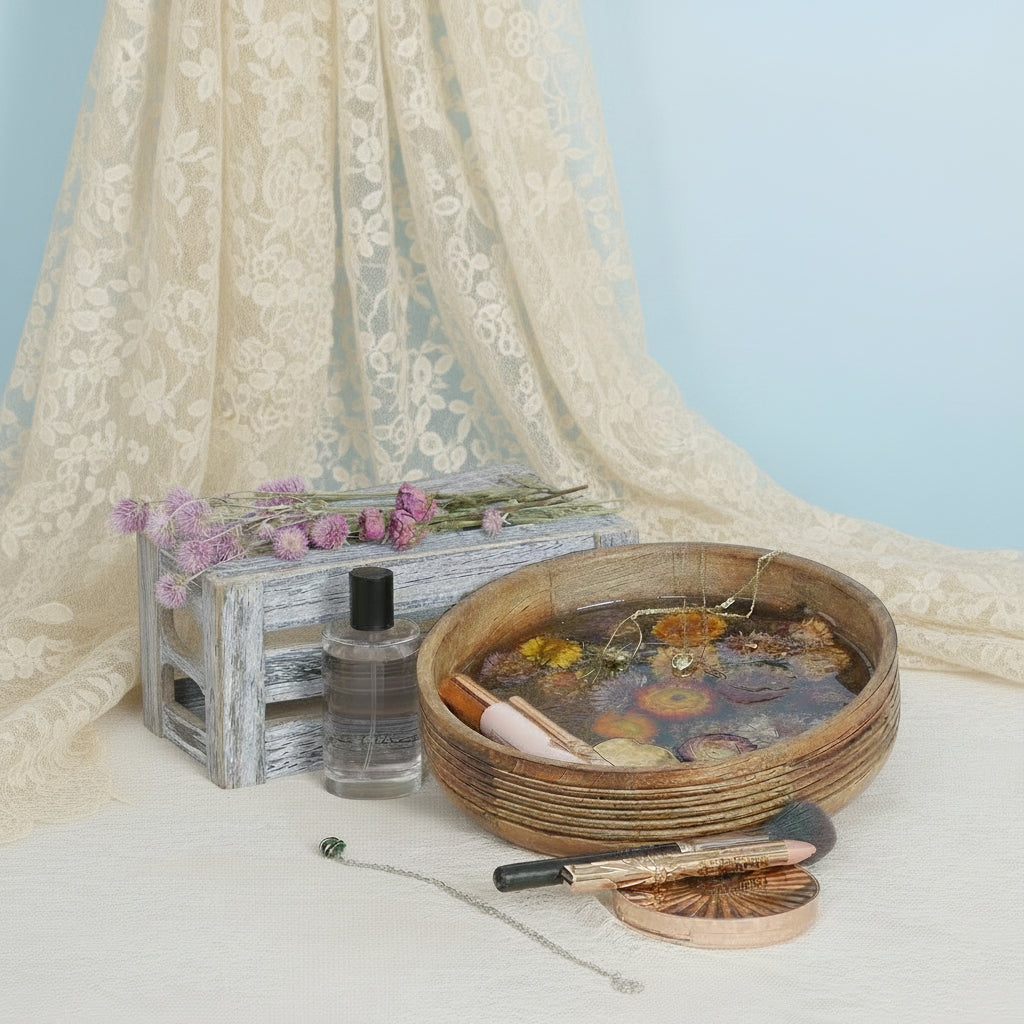 A spa-style product arrangement on a light surface: a round wooden bowl filled with warm-toned dried flowers set in clear resin, a small clear bottle with a black cap, a white-framed box with pink flowers, and a copper-toned compact or tray with a small green bead accessory.