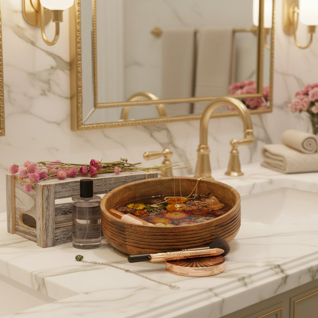 A spa-style product arrangement on a light surface: a round wooden bowl filled with warm-toned dried flowers set in clear resin, a small clear bottle with a black cap, a white-framed box with pink flowers, and a copper-toned compact or tray with a small green bead accessory.