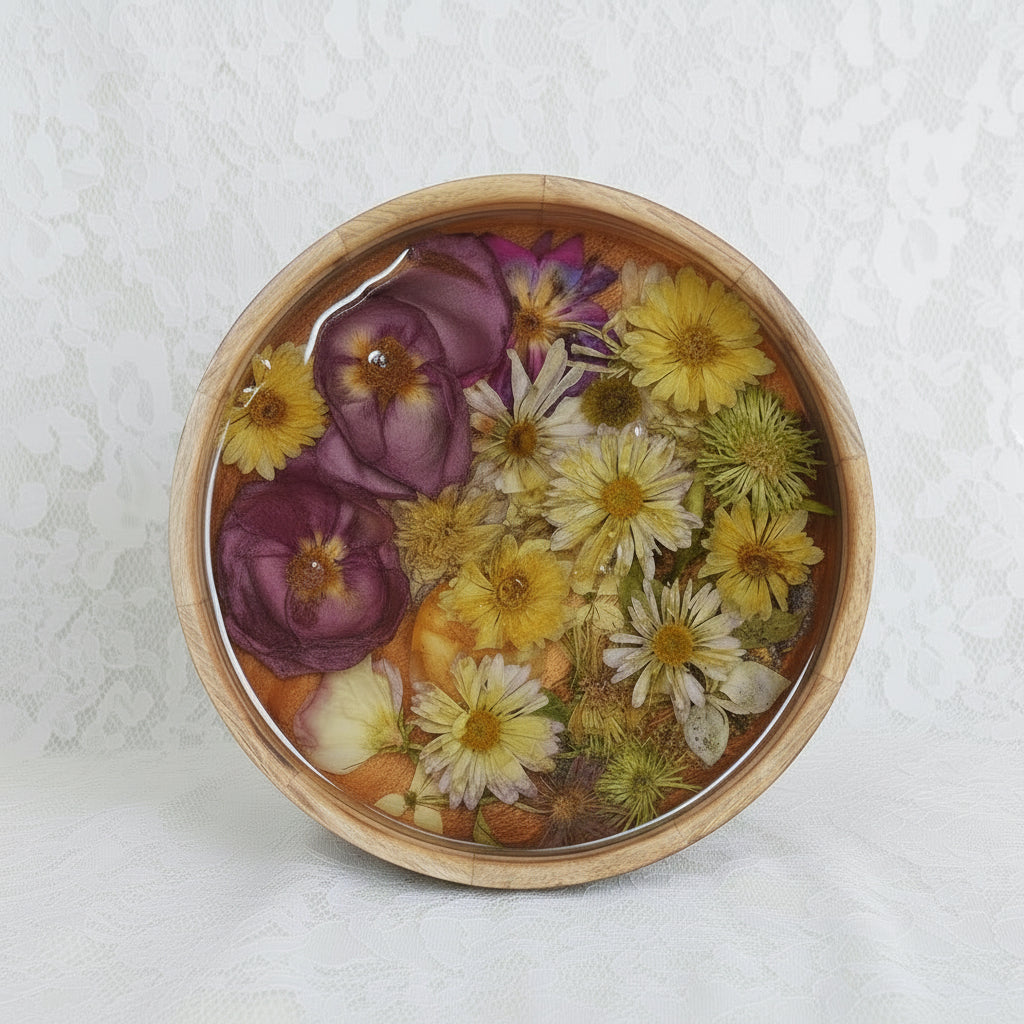 A round wooden bowl filled with two pink roses and wildflowers preserved in clear resin, photographed from above on a plain background.