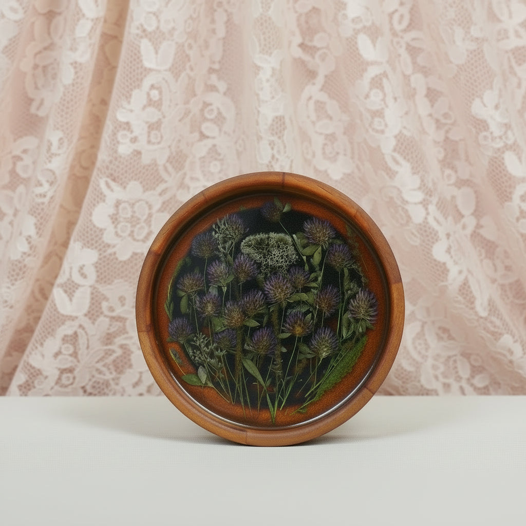 A round wooden framed botanical art piece featuring pressed purple flowers and green leaves, displayed on a small wooden stand against a light gray background.